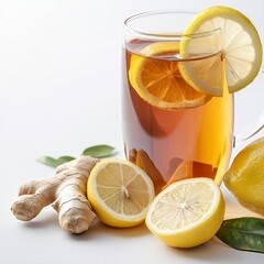 Elegant glass of tea infused with fresh lemon and ginger for a refreshing detox beverage experience