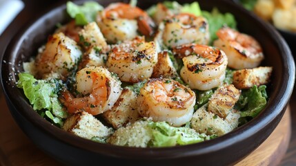 A symphony of flavors unfolds in a vibrant shrimp Caesar salad, where succulent shrimp dance amidst a creamy caesar dressing, adorned with crispy romaine lettuce and toasted croutons, a testament to