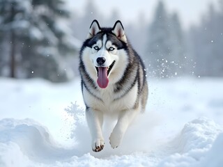 Naklejka premium Husky’s Snowy Sprint: A Siberian husky dashing through fresh snow, tongue out, joyfully chasing a bounding snowball.