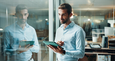 Tablet, thinking and smile with business man in office for planning, company consultant and window. Professional, client feedback and research with person in agency for reflection, vision and idea