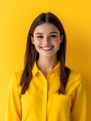 Fototapeta premium Cheerful young woman in yellow shirt smiling confidently