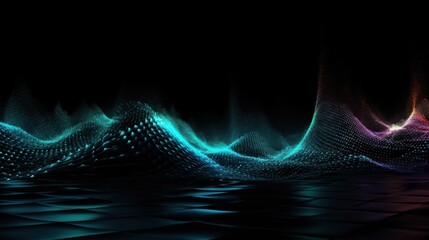 Pulsating luminous wave echoing in a deep black void with bright neon dots