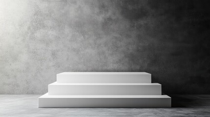 A stark white podium stands solitary amidst a muted, gray backdrop, its emptiness inviting viewers to imagine the stories it could tell.