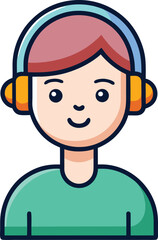 Smiling Person with Headphones Vector Illustration, A vector illustration of a smiling person wearing colorful headphones, designed with a modern and friendly look.

