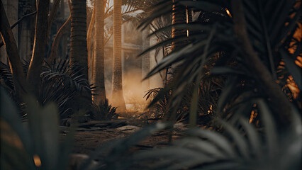 Mysterious ancient jungle with towering trees and overgrown ruins, golden light filtering through dense canopy, evoking a sense of forgotten history and adventure.