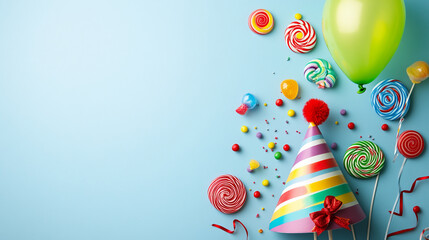 Festive party background with colorful hat, balloon, and candies creating joyous atmosphere