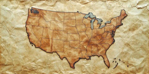 Fototapeta premium United states map showing fifty states on crumpled parchment paper