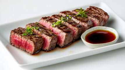 Strikingly Minimalist Presentation of Perfectly Cooked Steak Slices with Sauce on White Plate