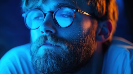 Bearded man with glasses is bathed in blue light, looking thoughtfully ahead. This image suits themes of concentration, modern lifestyle, or digital focus.