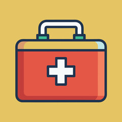 Obraz premium Red First Aid Kit Vector Illustration, A vector illustration of a red first aid kit with a white cross symbol on the front, designed with a simple and modern look. 