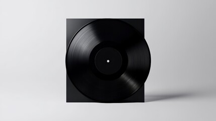Obraz premium A vinyl record mock-up featuring a black vinyl disc partially inserted into its dark cover sleeve, with the record only partially visible, as it is slightly peeking out from behind the sleeve.