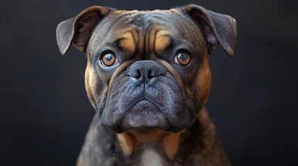 A spirited bulldog with an intense gaze is set against a dramatic urban backdrop, showcasing a striking scene with rugged details and high contrast lighting.