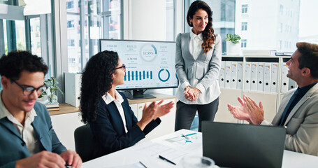 Accountant, applause or business people in presentation for success, charts or capital growth. Goal...