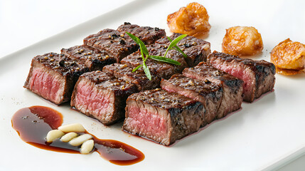 Professionally Styled Kobe Beef Presentation with Garnish and Sauce on Elegant Platter