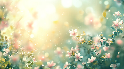Fototapeta premium Beautiful cosmos flowers in the garden with sun light and bokeh effect, Colorful flower meadow with sunbeams and bokeh lights in summer season, Beautiful natural spring summer background.