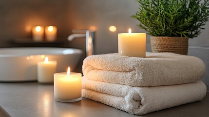 An inviting relaxation space is created by a stylish bathroom corner featuring flickering candles, a small plant, and a stack of neatly folded towels.