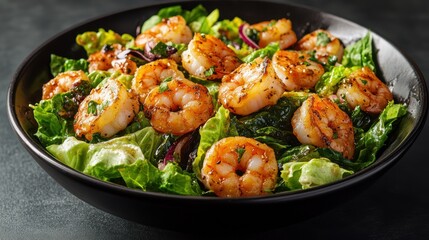 A vibrant salad, a symphony of flavors and textures, featuring succulent shrimp, crisp lettuce, and a tangy vinaigrette, ready to tantalize the taste buds.