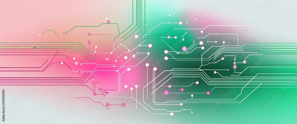 Wall mural green pink gradient glowing circuit connection abstract patterns on plain white illustration design 