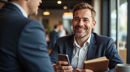 Smiling businessman holds phone and book, engaged in conversation with colleague in a modern cafe setting, showcasing success and networking.