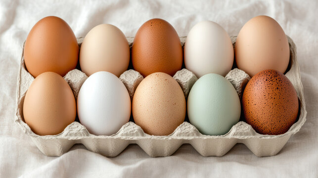 Fresh multi colored farm eggs arranged in carton, showcasing various shades