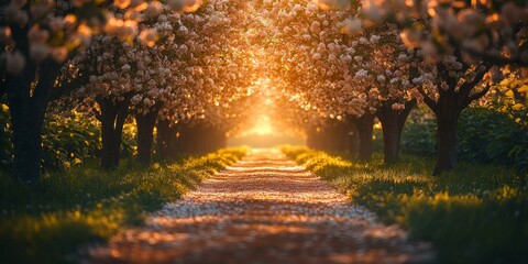 Fototapeta premium Blossoming apple trees forming a tunnel with golden sunlight at sunset