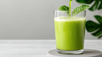 Fresh green juice being poured into glass with spinach leaves