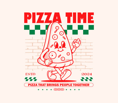 Retro pizza cartoon character in a fun 60s-70s style. Perfect for t-shirts, posters, stickers, and more. Playful and nostalgic vector illustration