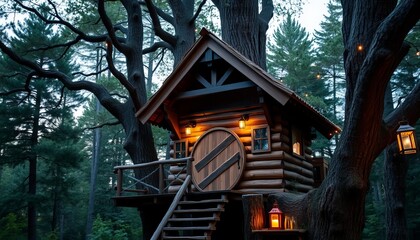 Charming wooden treehouse with lanterns, nestled in a serene forest landscape.
