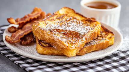 Delicious French toast served with crispy bacon and syrup