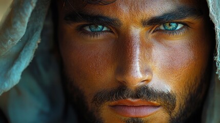 Obraz premium Intense Gaze: A Portrait of a Man with Striking Blue Eyes