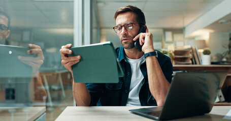 Phone call, reporter or man on tablet in office for editor feedback, news publication and article...