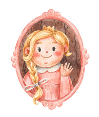 Cute watercolor portrait of little princess with braid. Hand-drawn baby girl in pink oval frame. Children illustration isolated on white background. Template for greeting card, invitation