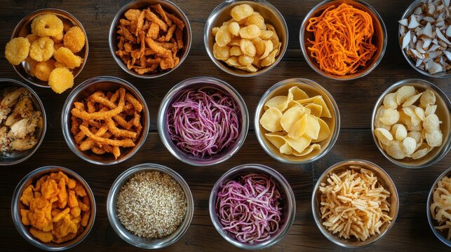 Top-down view of an assortment of Diwali snacks in silver bowls, including crispy chaklis, anarsa, and spicy sev.