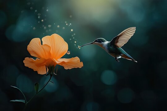 Hummingbird sips nectar from vibrant orange flower