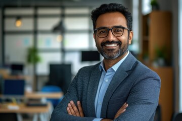 Obraz premium Confident Businessman Smiling in Modern Office Environment, Casual Professional Attire, Bright Workspace with Modern Decor and Technology