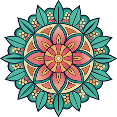 Mandala flower vector design with peach and teal colors, A mandala flower vector design featuring peach petals, teal leaves, and circular patterns, creating a vibrant, balanced geometric artwork.
