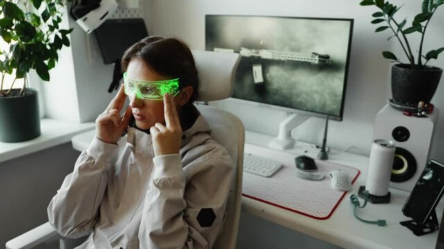 Cybernetic avatar in generative reality interacting with digital environment. High-tech virtual landscape showcases blend of artificial intelligence, cyberpunk aesthetics, and next-gen simulation.