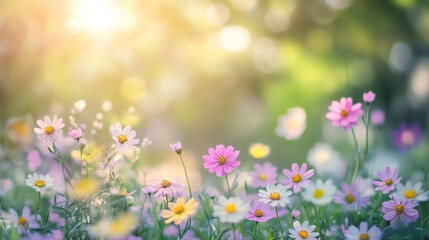 Fototapeta premium A blurred garden with colorful flowers in the foreground with bokeh effect, Bright pink cherry blossoms flourishing in soft light, A peaceful garden filled with flowers use for decor and wedding card.