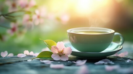 A delicate cup of green tea, adorned with a single, delicate cherry blossom, evokes a sense of tranquility and springtime beauty.