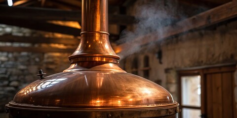 Copper brewing kettle emits steam in rustic brewery during afternoon hours, showcasing traditional craftsmanship and brewing process