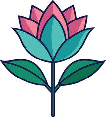 Flower Vector Illustration, Stylized vector illustration of a pink and teal flower with green leaves, perfect for floral and nature-themed designs.
