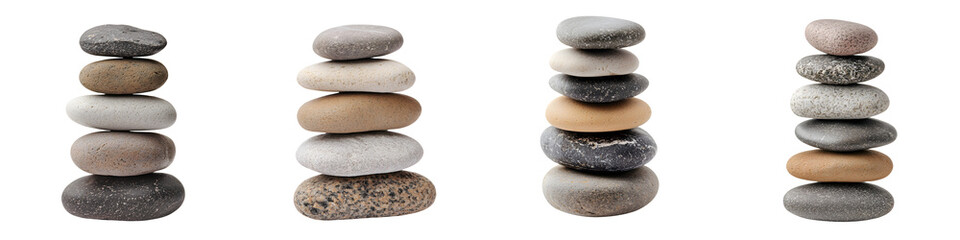 Carefully stacked arrangements of smooth natural stones and pebbles in varying shades of gray brown and beige creating a calming and harmonious visual composition