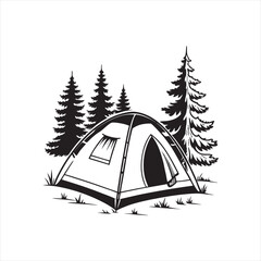 Camping tent doodle icon, b&w icon silhouette style