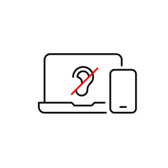 Laptop and phone with a crossed-out ear, site with no sound or muted audio content. Silent user mode, no voice commands. Pixel perfect, editable stroke vector icon