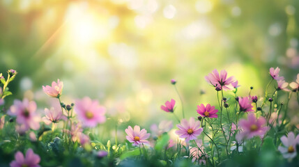 Beautiful nature at morning in the flower garden,  spring meadow with wildflowers scattered across the soft grass and flowers with bokeh effect, nature background. Serene fog, wildflower parade.