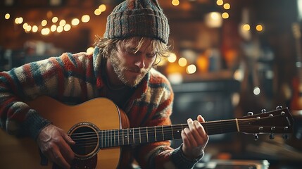 Man Playing Acoustic Guitar in Cozy Cabin