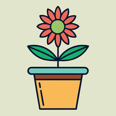 Flower Pot Vector Illustration, Bright vector illustration of a sunflower in a yellow pot with green leaves, perfect for gardening and floral designs.
