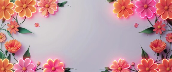 Naklejka premium orange pink gradient glowing neon edges of flower patterns on plain white background illustration design concept backdrop