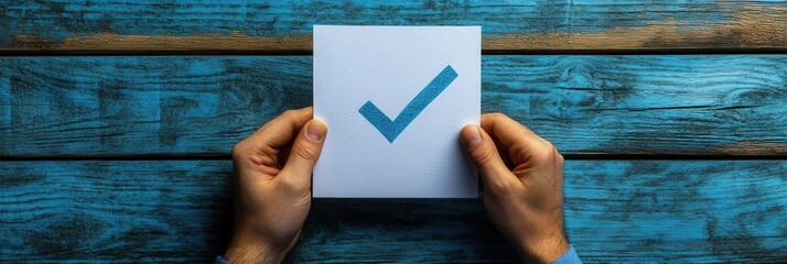 Hand Holding a Paper with Blue Check Mark on Rustic Blue Table