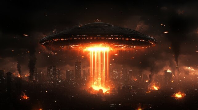 A colossal alien mothership hovers over a crumbling city, unleashing beams of destruction as terrified humans flee.